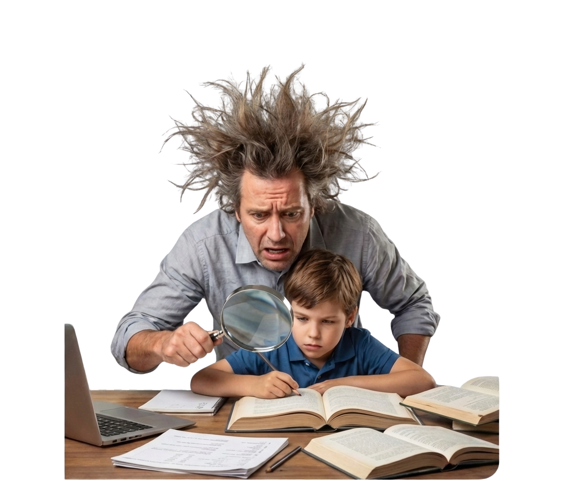 A stressed parent with magnifying glass over a child — conveying urgency of the learning crisis
